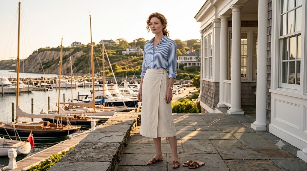 Striped Silk Button-Down & Cream Linen Skirt